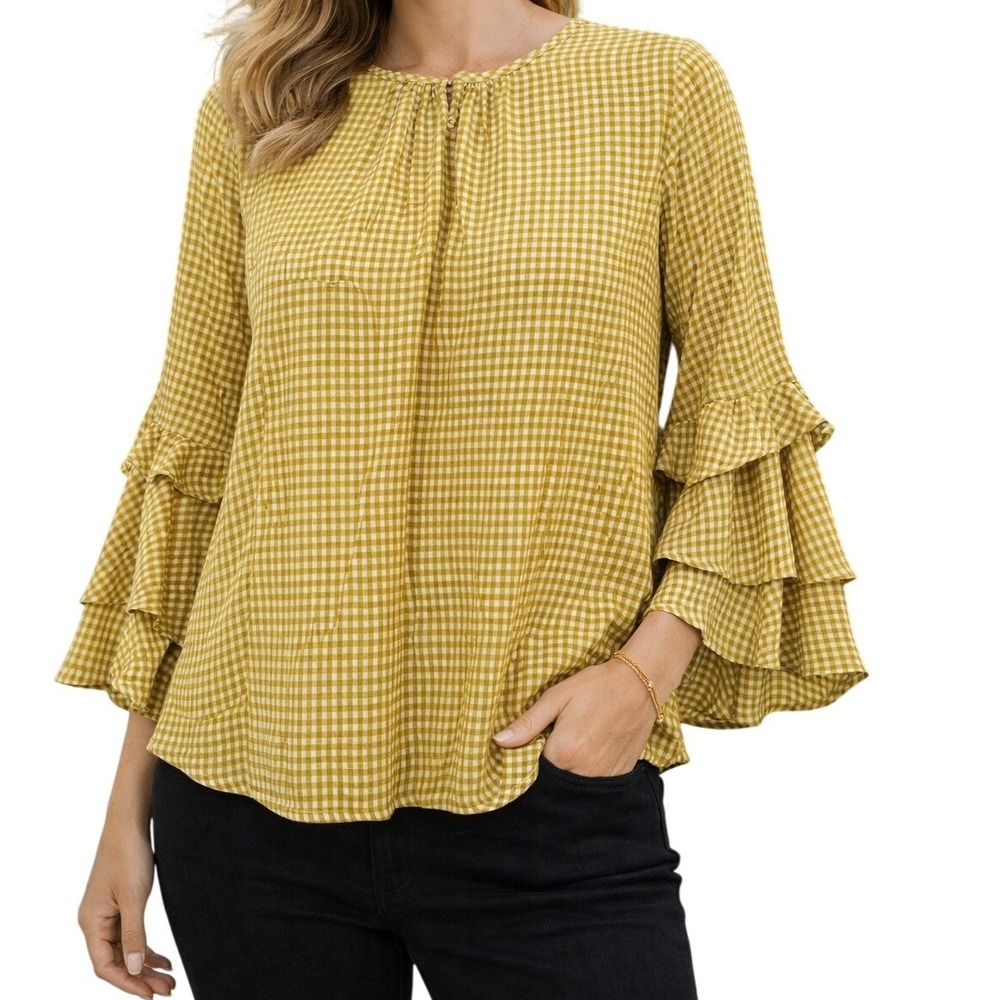 Good Luck Gem Blouse Womens Large Yellow Gingham Ruffle Bell Sleeve Top